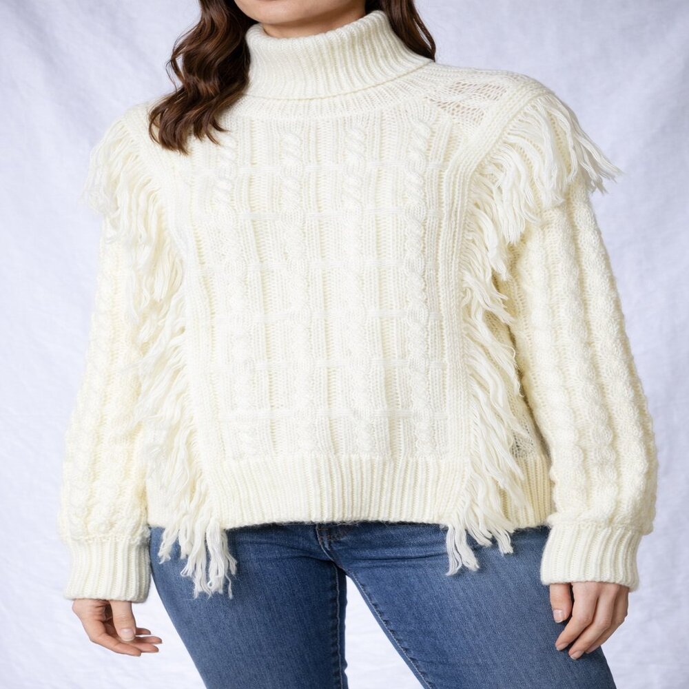 Altar’d State Ivory Fringe Sleeve Turtleneck Sweater Textured Knit Size‎ Small